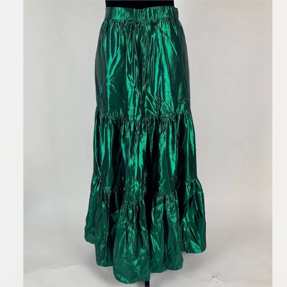 J.CREW NWT Tiered Maxi Skirt Metallic Lamé Green